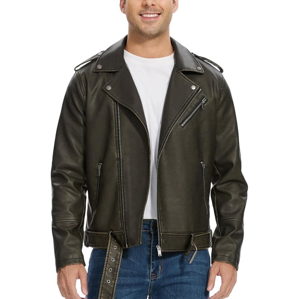 🆕Men Green Faux Leather Biker Jacket Slim Fit Motorcycle Bomber Zip Up Coat